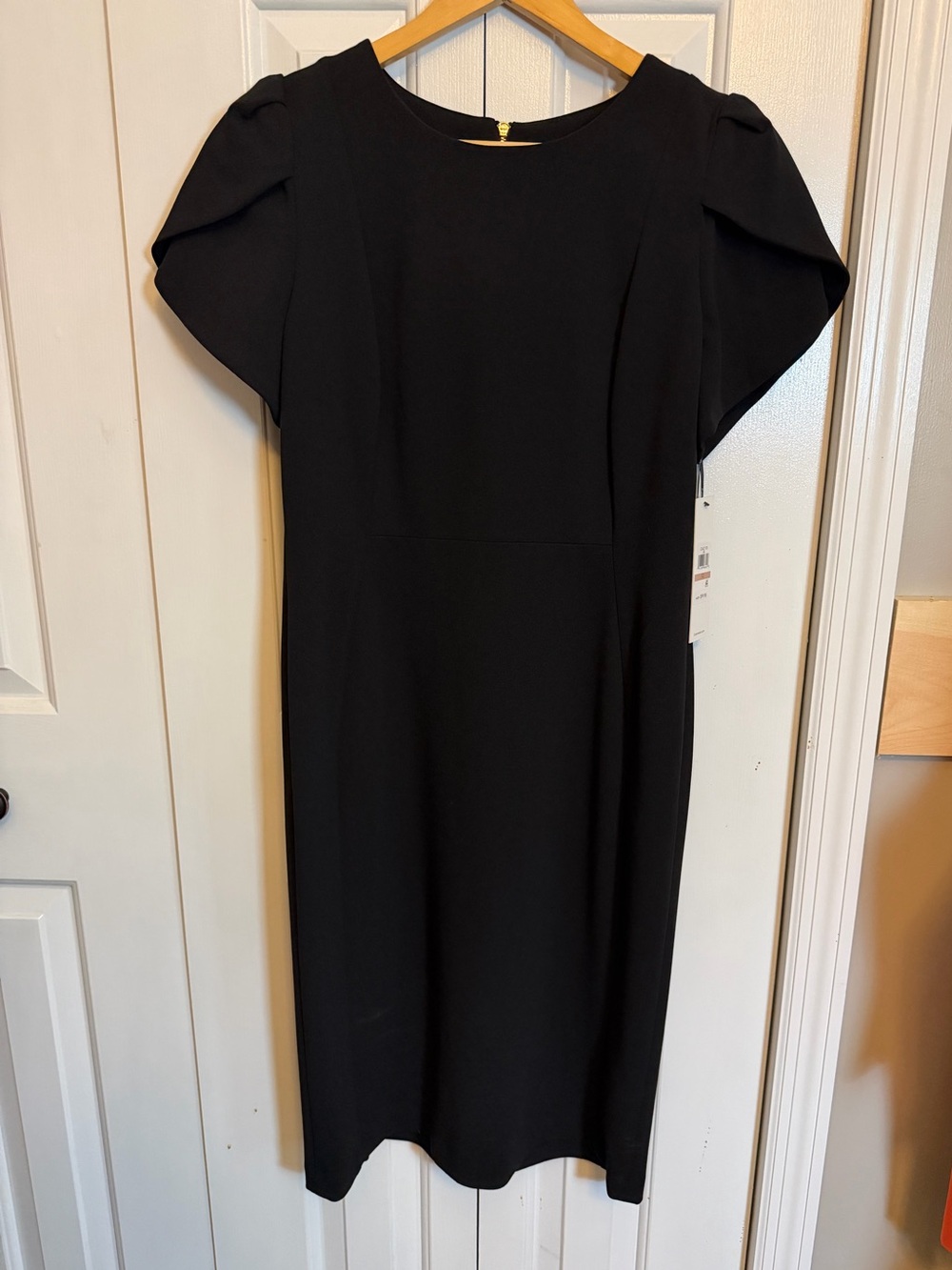 Calvin Klein Black Midi Dress with Pleated Puff Sleeves Size 12 NWT